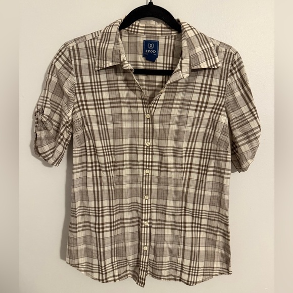 Izod Tops - IZOD Women's Beige and Brown Plaid Button Down Shirt